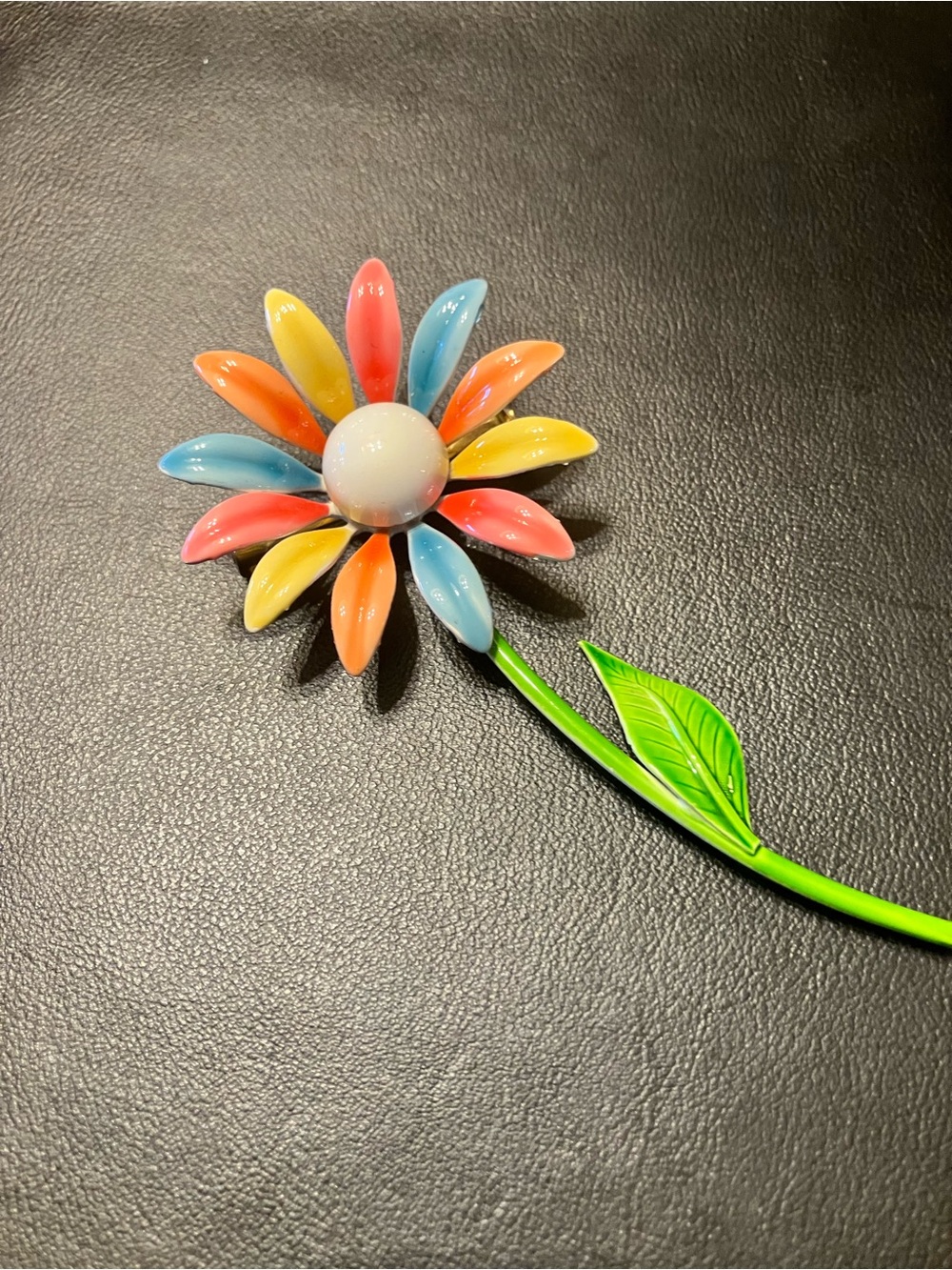 Sarah Coventry Multicolor Enamel Flower Brooch with Green Stem